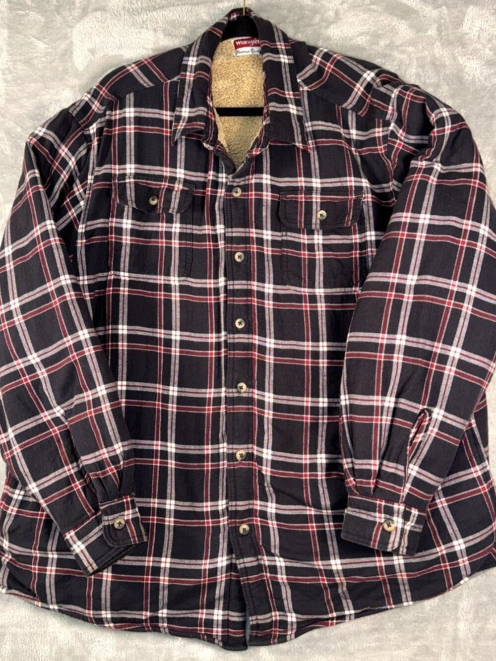 Wrangler Flannel Shirt Jacket Mens 2XL Blue Plaid Shacket Sherpa Lined Work Wear